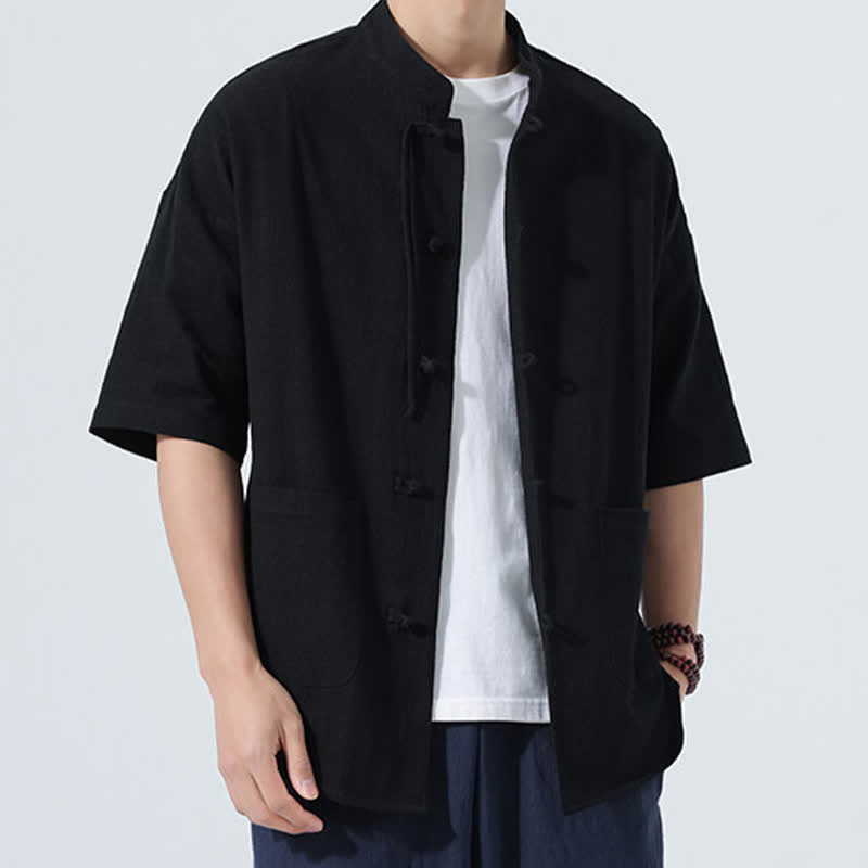 Buddha Stones Camicia da uomo estiva stile Tang, casual, con colletto alla coreana, bottoni a rana, maniche a tre quarti e taschino. - Nero - US/UK/AU46, EU56 (5XL) - image 7