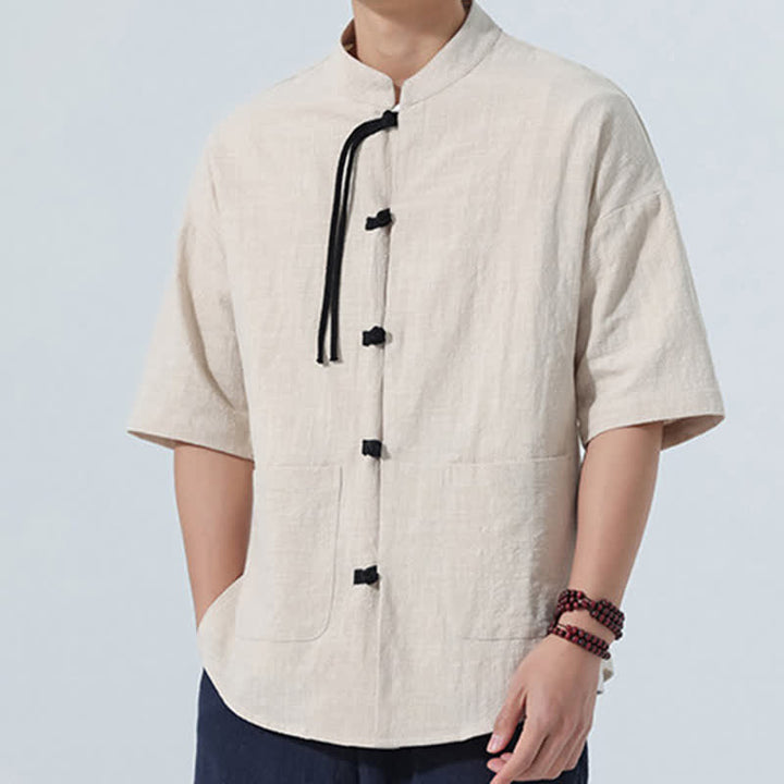 Buddha Stones Camicia da uomo estiva stile Tang, casual, con colletto alla coreana, bottoni a rana, maniche a tre quarti e taschino. - image 16