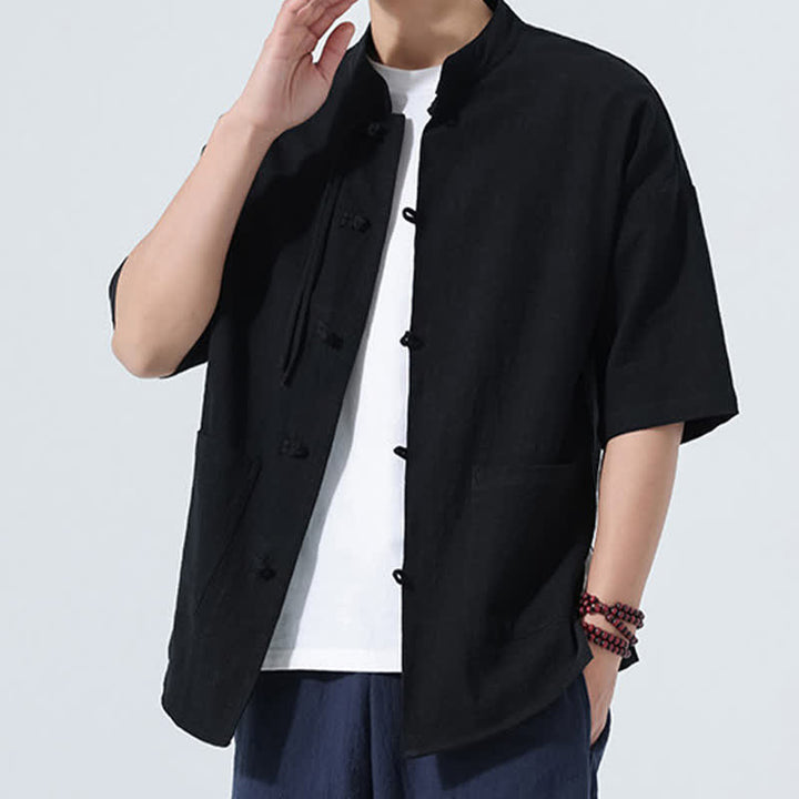 Buddha Stones Camicia da uomo estiva stile Tang, casual, con colletto alla coreana, bottoni a rana, maniche a tre quarti e taschino. - image 12