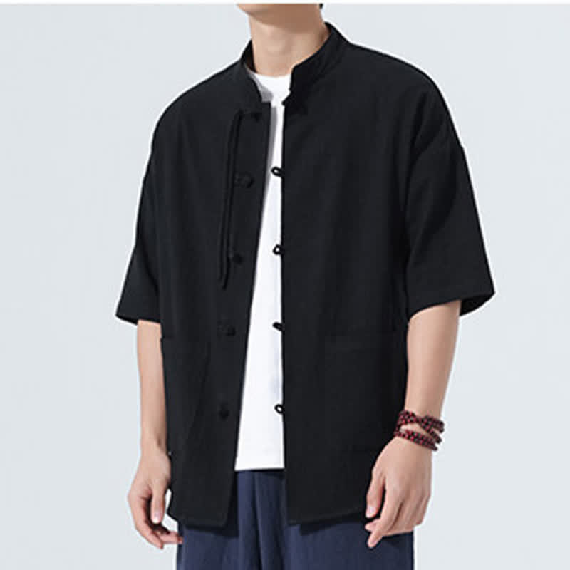 Buddha Stones Camicia da uomo estiva stile Tang, casual, con colletto alla coreana, bottoni a rana, maniche a tre quarti e taschino. - image 13
