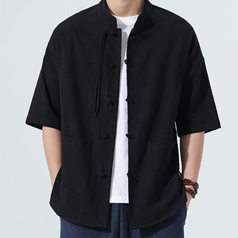 Buddha Stones Camicia da uomo estiva stile Tang, casual, con colletto alla coreana, bottoni a rana, maniche a tre quarti e taschino. - image 11