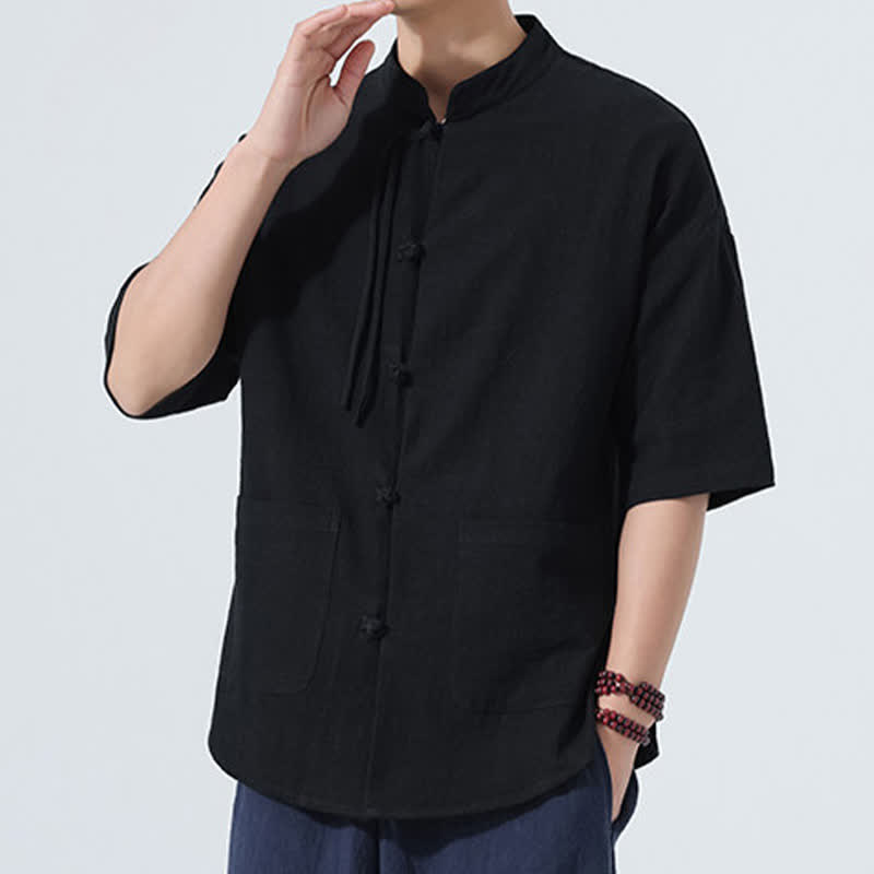 Buddha Stones Camicia da uomo estiva stile Tang, casual, con colletto alla coreana, bottoni a rana, maniche a tre quarti e taschino. - image 10