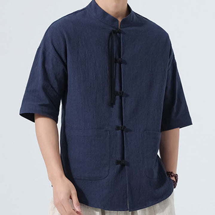 Buddha Stones Camicia da uomo estiva stile Tang, casual, con colletto alla coreana, bottoni a rana, maniche a tre quarti e taschino. - image 6