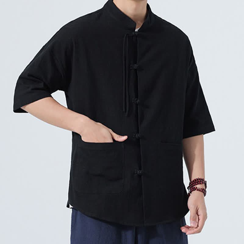 Buddha Stones Camicia da uomo estiva stile Tang, casual, con colletto alla coreana, bottoni a rana, maniche a tre quarti e taschino. - image 9