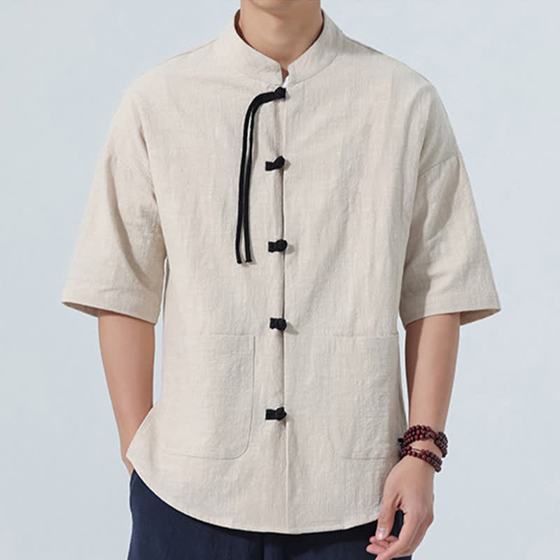 Buddha Stones Camicia da uomo estiva stile Tang, casual, con colletto alla coreana, bottoni a rana, maniche a tre quarti e taschino. - image 19