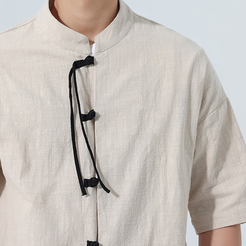 Buddha Stones Camicia da uomo estiva stile Tang, casual, con colletto alla coreana, bottoni a rana, maniche a tre quarti e taschino. - image 20
