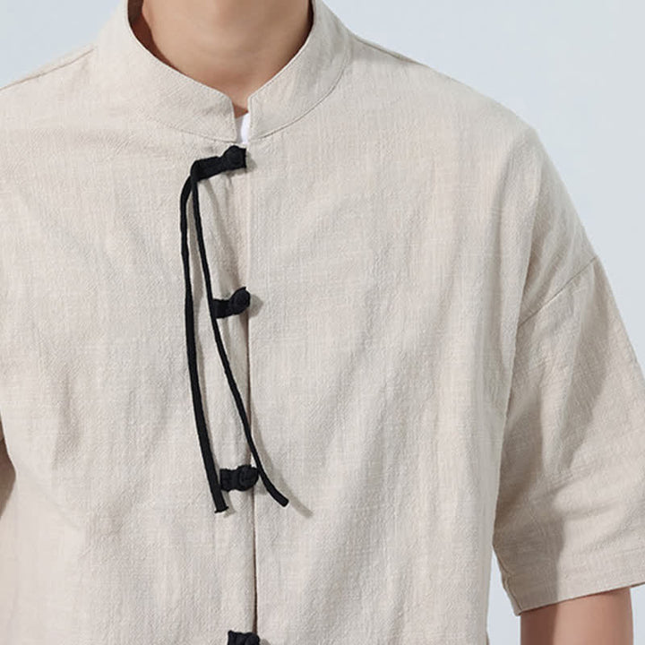 Buddha Stones Camicia da uomo estiva stile Tang, casual, con colletto alla coreana, bottoni a rana, maniche a tre quarti e taschino. - image 20
