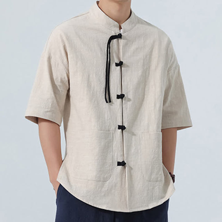 Buddha Stones Camicia da uomo estiva stile Tang, casual, con colletto alla coreana, bottoni a rana, maniche a tre quarti e taschino. - image 21