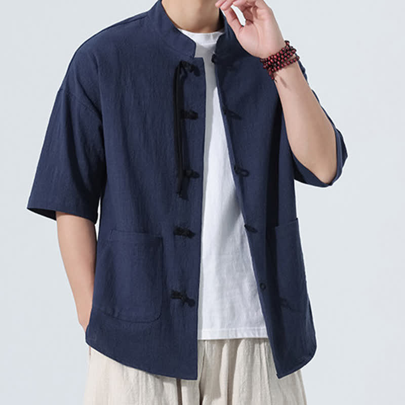 Buddha Stones Camicia da uomo estiva stile Tang, casual, con colletto alla coreana, bottoni a rana, maniche a tre quarti e taschino. - image 2