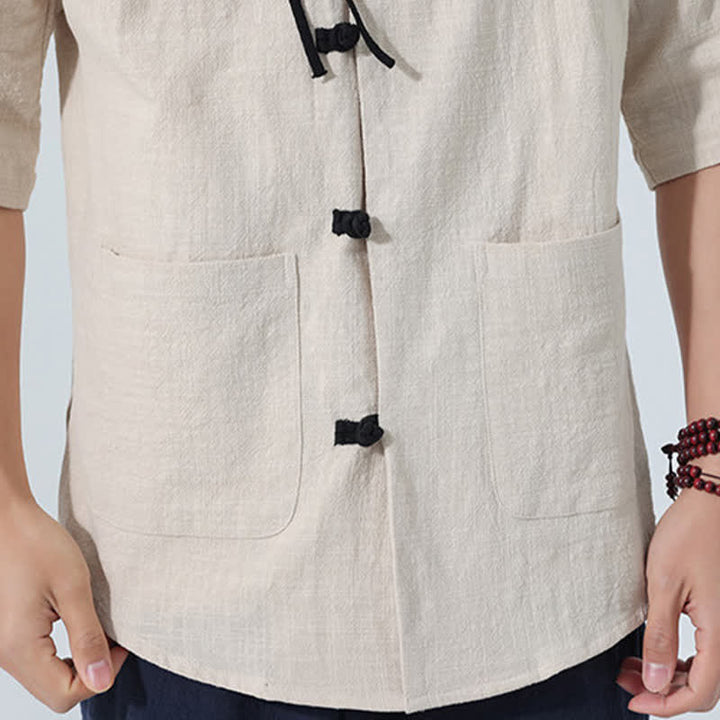 Buddha Stones Camicia da uomo estiva stile Tang, casual, con colletto alla coreana, bottoni a rana, maniche a tre quarti e taschino. - image 15