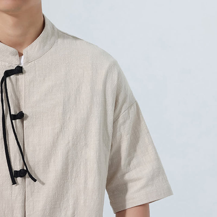 Buddha Stones Camicia da uomo estiva stile Tang, casual, con colletto alla coreana, bottoni a rana, maniche a tre quarti e taschino. - image 22
