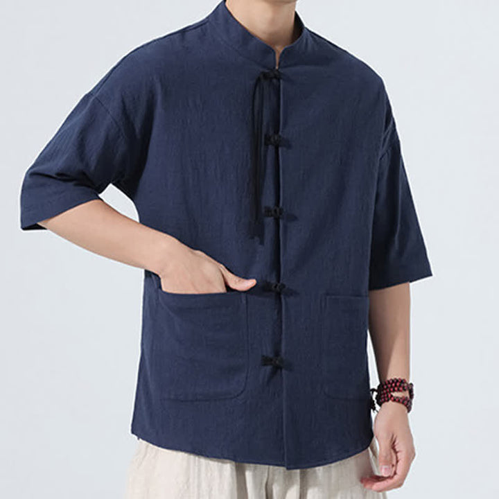 Buddha Stones Camicia da uomo estiva stile Tang, casual, con colletto alla coreana, bottoni a rana, maniche a tre quarti e taschino. - image 5