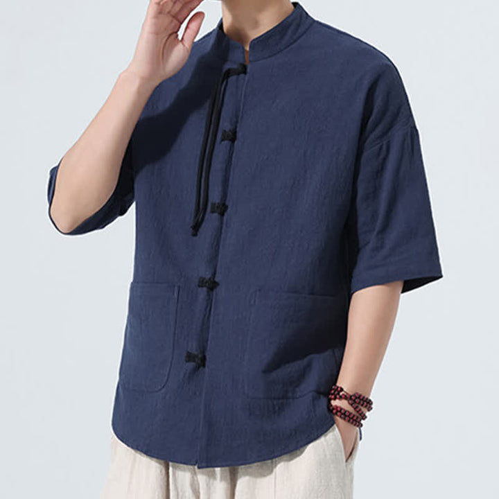 Buddha Stones Camicia da uomo estiva stile Tang, casual, con colletto alla coreana, bottoni a rana, maniche a tre quarti e taschino. - image 3