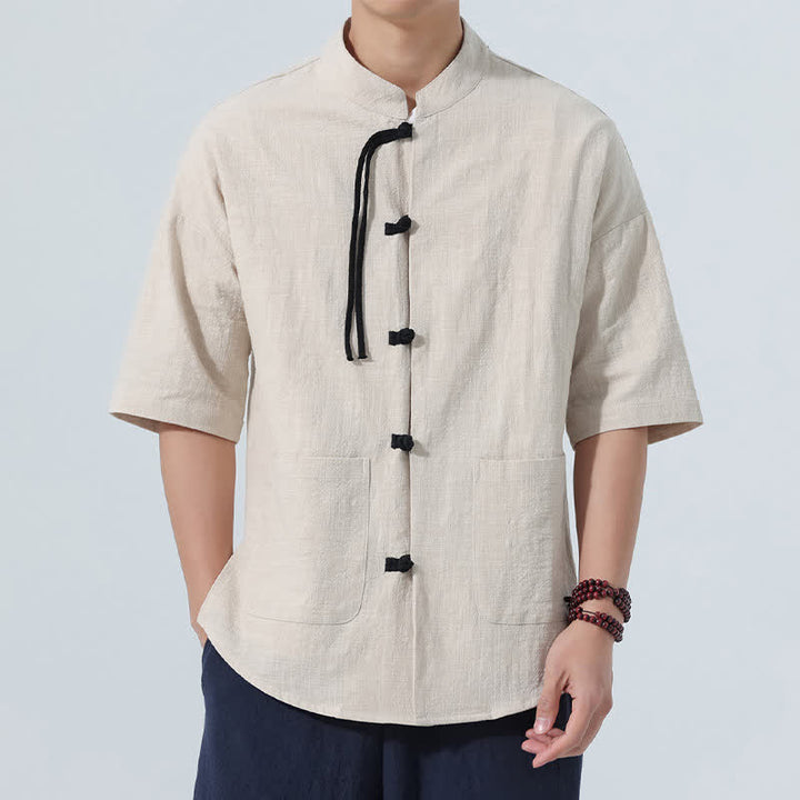Buddha Stones Camicia da uomo estiva stile Tang, casual, con colletto alla coreana, bottoni a rana, maniche a tre quarti e taschino. - Biancheria - US/UK/AU46, EU56 (5XL) - image 14