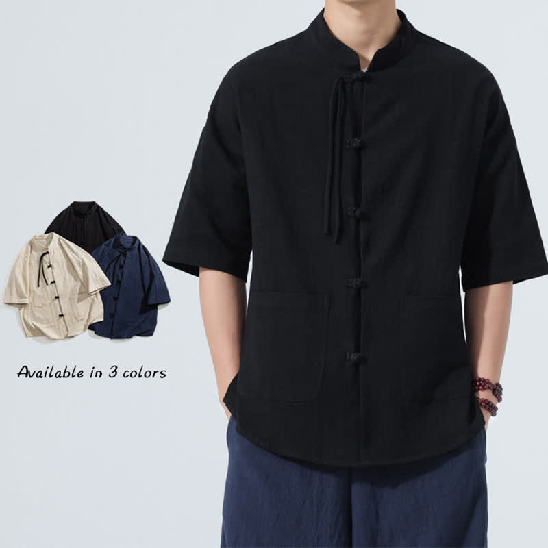 Buddha Stones Camicia da uomo estiva stile Tang, casual, con colletto alla coreana, bottoni a rana, maniche a tre quarti e taschino. - image 8