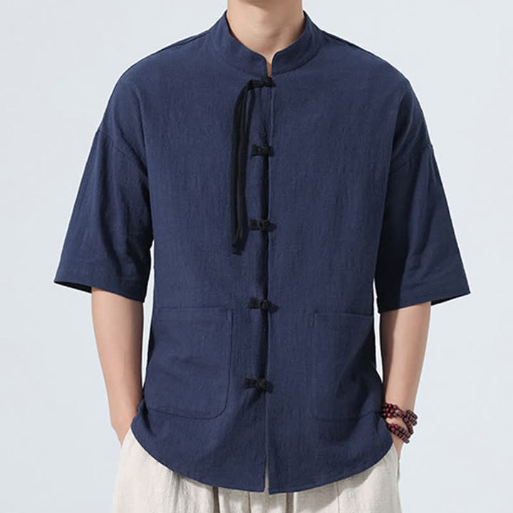 Buddha Stones Camicia da uomo estiva stile Tang, casual, con colletto alla coreana, bottoni a rana, maniche a tre quarti e taschino. - image 1