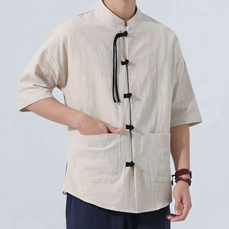 Buddha Stones Camicia da uomo estiva stile Tang, casual, con colletto alla coreana, bottoni a rana, maniche a tre quarti e taschino. - image 17