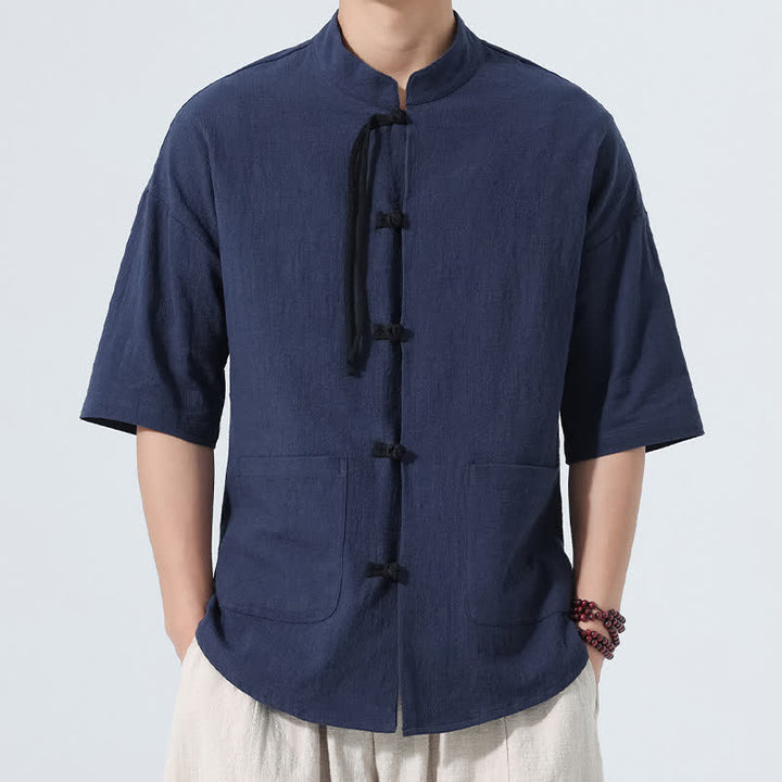 Buddha Stones Camicia da uomo estiva stile Tang, casual, con colletto alla coreana, bottoni a rana, maniche a tre quarti e taschino. - Marina - US/UK/AU46, EU56 (5XL) - image 0