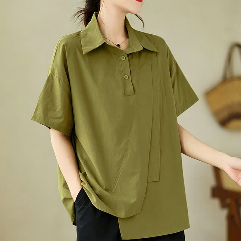 Buddha Stones Camicia da donna estiva casual, minimalista, a maniche corte, con bottoni, tinta unita, design asimmetrico a strati. - image 1
