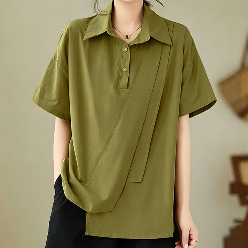 Buddha Stones Camicia da donna estiva casual, minimalista, a maniche corte, con bottoni, tinta unita, design asimmetrico a strati. - GialloVerde - US14, UK/AU18, EU46 (3XL) - image 0