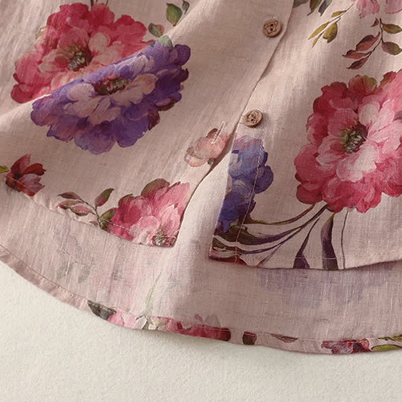 Buddha Stones Camicia da donna estiva casual boho con coulisse, stampa floreale, peonie e foglie verdi, a maniche corte. - image 9