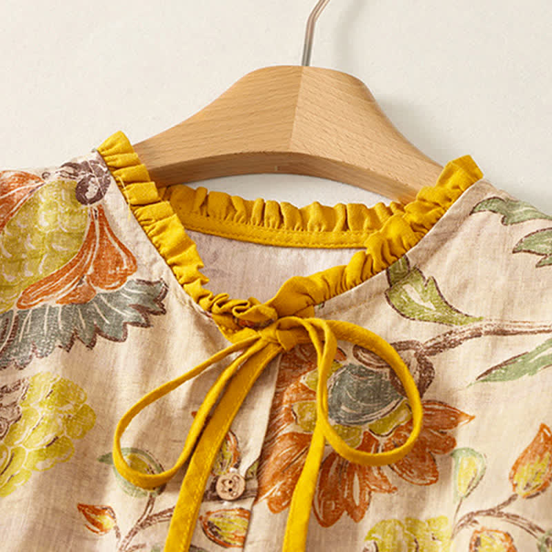 Buddha Stones Camicia da donna estiva casual boho con coulisse, stampa floreale, peonie e foglie verdi, a maniche corte. - image 1