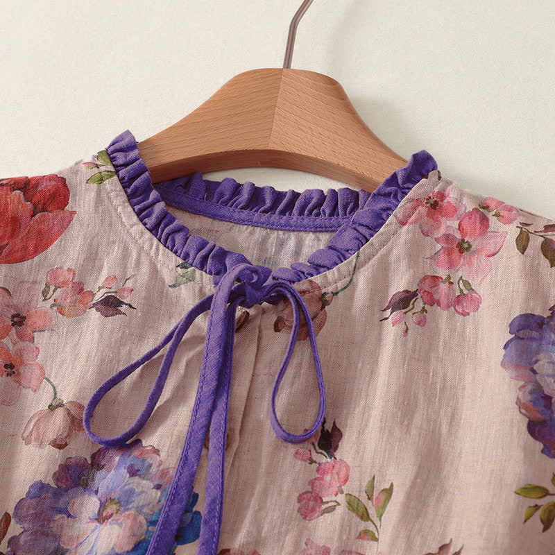 Buddha Stones Camicia da donna estiva casual boho con coulisse, stampa floreale, peonie e foglie verdi, a maniche corte. - image 6