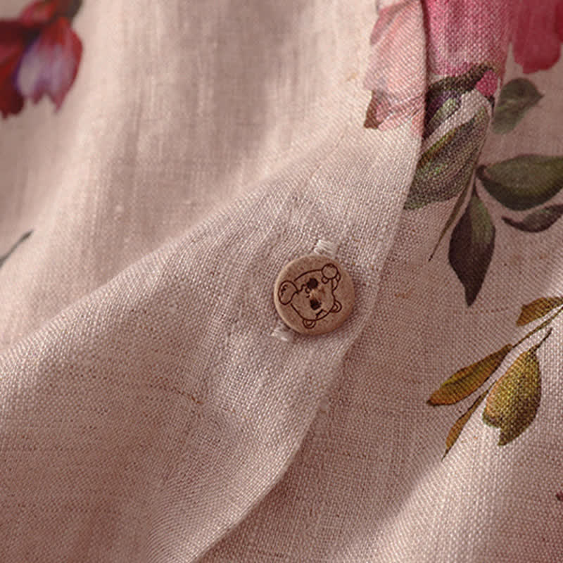 Buddha Stones Camicia da donna estiva casual boho con coulisse, stampa floreale, peonie e foglie verdi, a maniche corte. - image 8