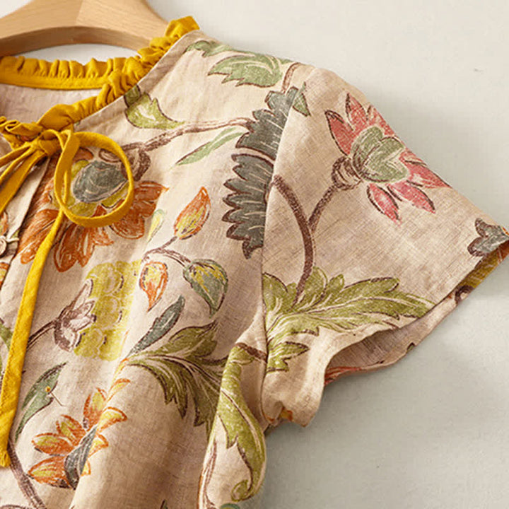 Buddha Stones Camicia da donna estiva casual boho con coulisse, stampa floreale, peonie e foglie verdi, a maniche corte. - image 2