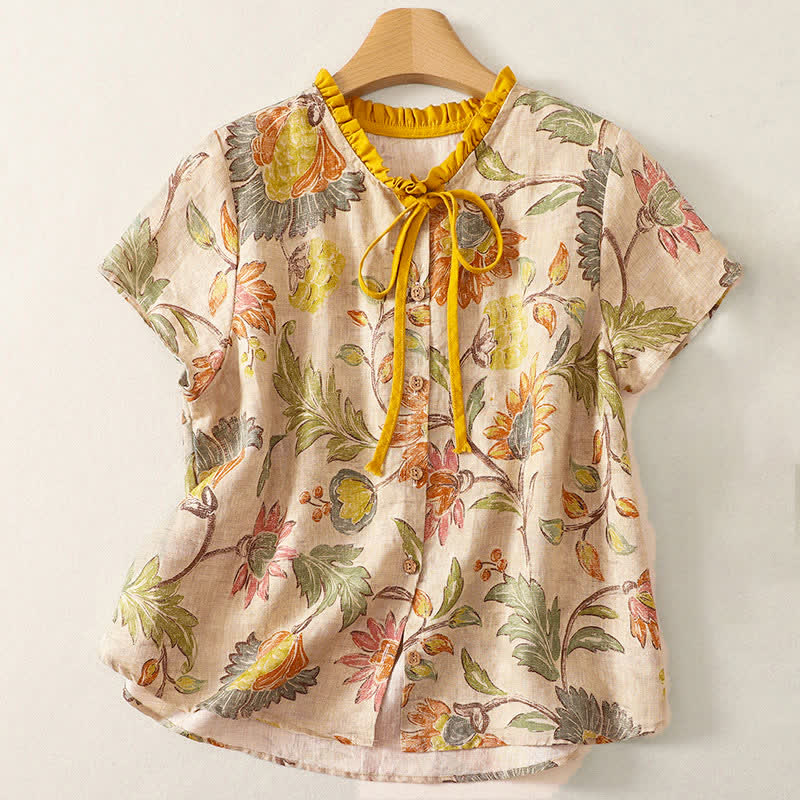 Buddha Stones Camicia da donna estiva casual boho con coulisse, stampa floreale, peonie e foglie verdi, a maniche corte. - Verga d'oro pallida - US8-10, UK/AU12-14, EU40-42 (2XL) - image 0
