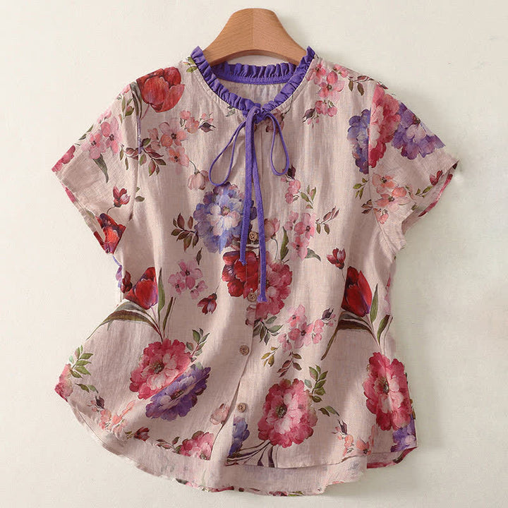 Buddha Stones Camicia da donna estiva casual boho con coulisse, stampa floreale, peonie e foglie verdi, a maniche corte. - Rosa Nebbiosa - US8-10, UK/AU12-14, EU40-42 (2XL) - image 4