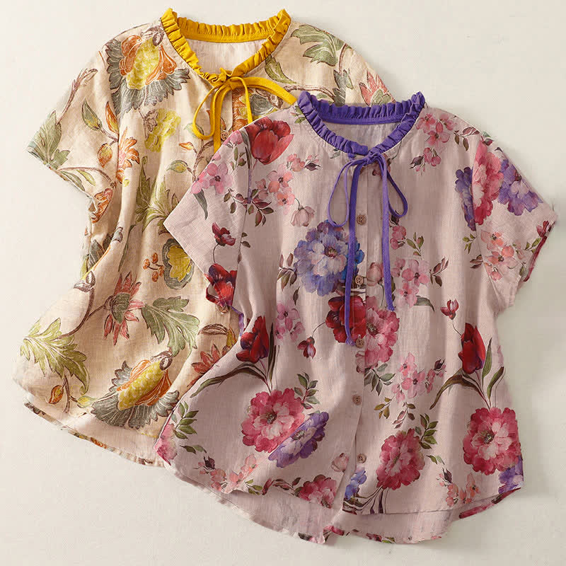 Buddha Stones Camicia da donna estiva casual boho con coulisse, stampa floreale, peonie e foglie verdi, a maniche corte. - image 12