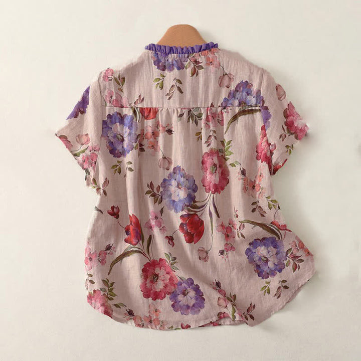 Buddha Stones Camicia da donna estiva casual boho con coulisse, stampa floreale, peonie e foglie verdi, a maniche corte. - image 5