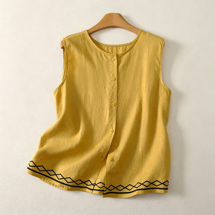 Buddha Stones Maglietta senza maniche da donna estiva, casual, minimalista, con bottoni e motivo geometrico. - Verga d'oro - US12, UK/AU16, EU44 (2XL) - image 0