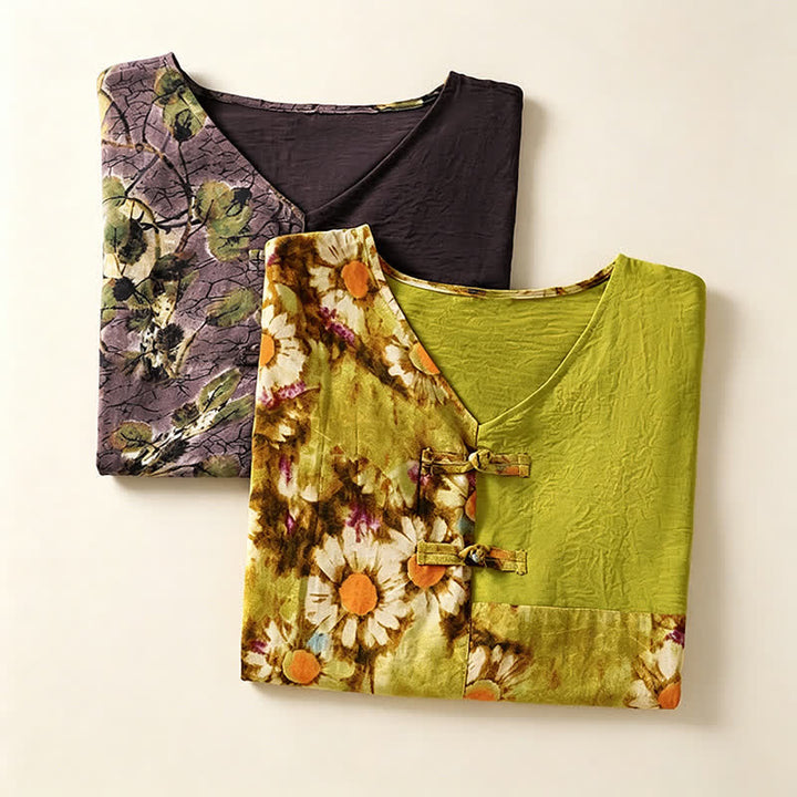 Buddha Stones Camicie estive casual vintage da donna in stile Tang con stampa floreale e girasoli. - image 17