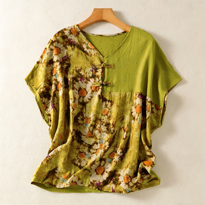 Buddha Stones Camicie estive casual vintage da donna in stile Tang con stampa floreale e girasoli. - GialloVerde - US4, UK/AU8, EU36-44 (F) - image 0