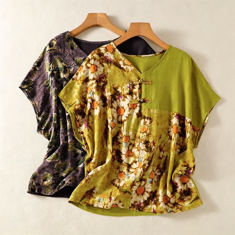 Buddha Stones Camicie estive casual vintage da donna in stile Tang con stampa floreale e girasoli. - image 16