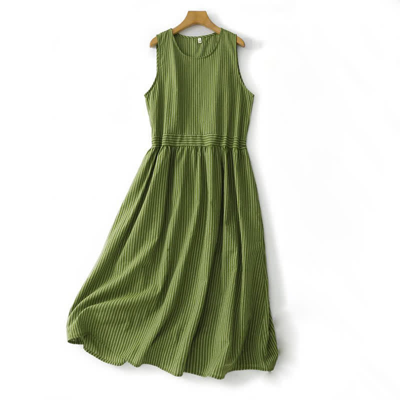 Buddha Stones Abito estivo casual elegante a righe verdi con scollo rotondo da donna, senza maniche. - Verde Mare Scuro - US12, UK/AU16, EU44 (2XL) - image 0