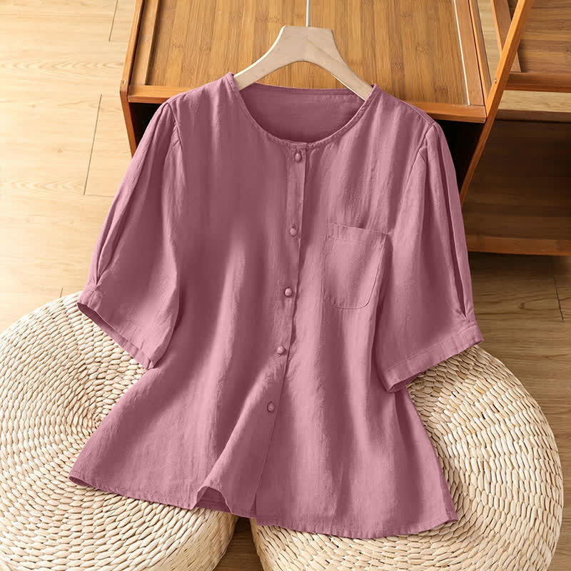 Buddha Stones Camicia da donna estiva casual minimalista a maniche corte con bottoni, girocollo e taschino applicato, a tinta unita. - Rosso viola pallido - US8-10, UK/AU12-14, EU40-42 (2XL) - image 0