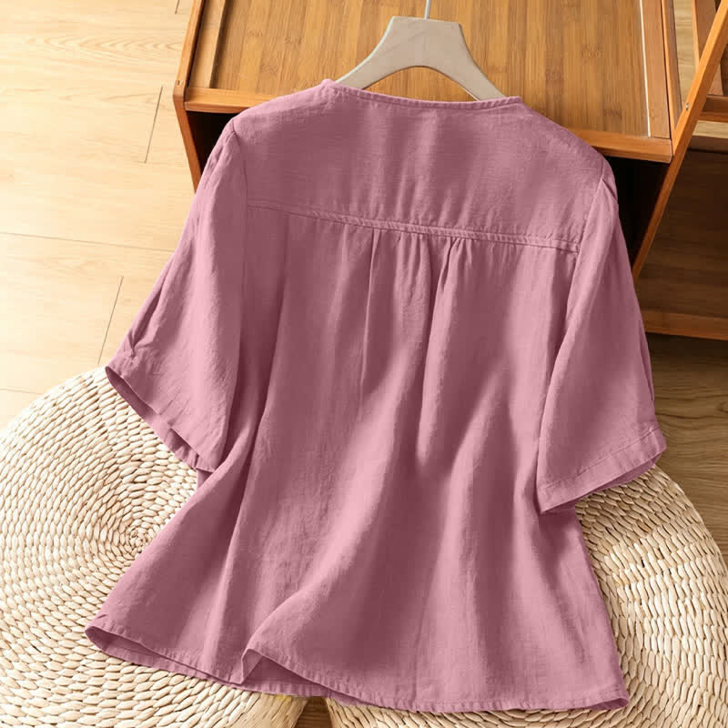 Buddha Stones Camicia da donna estiva casual minimalista a maniche corte con bottoni, girocollo e taschino applicato, a tinta unita. - image 1