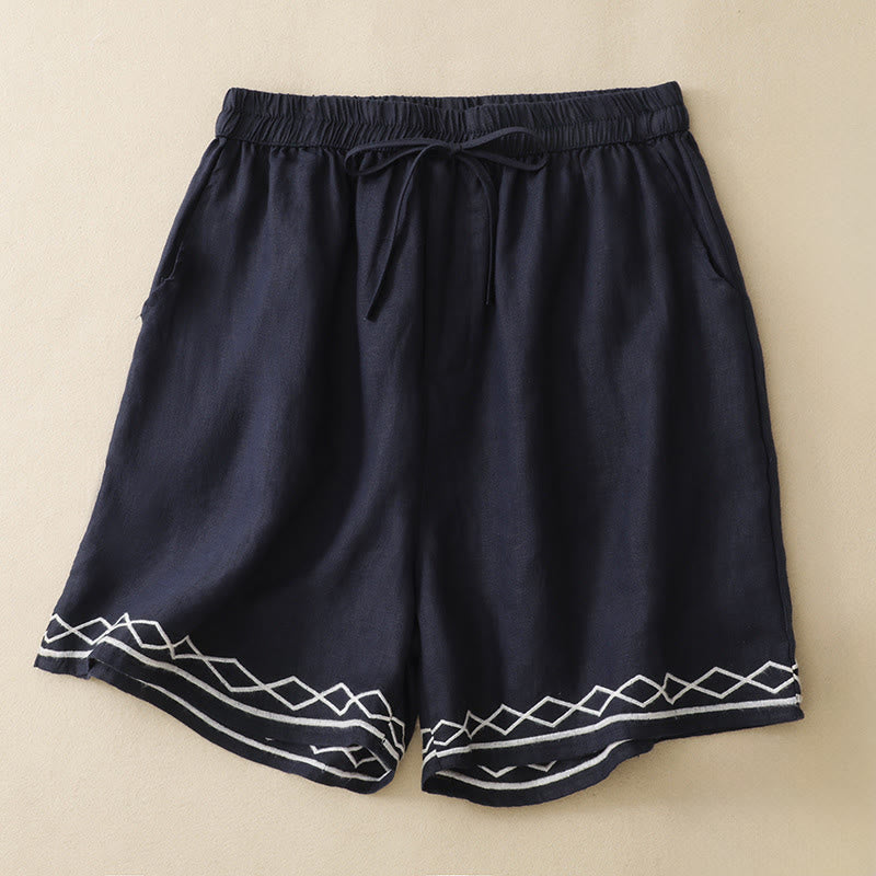 Buddha Stones Pantaloncini da donna estivi casual, minimalisti, con coulisse, ricami, linee ondulate e motivi geometrici, con tasche. - Marina - US8-10, UK/AU12-14, EU40-42 (2XL) - image 5