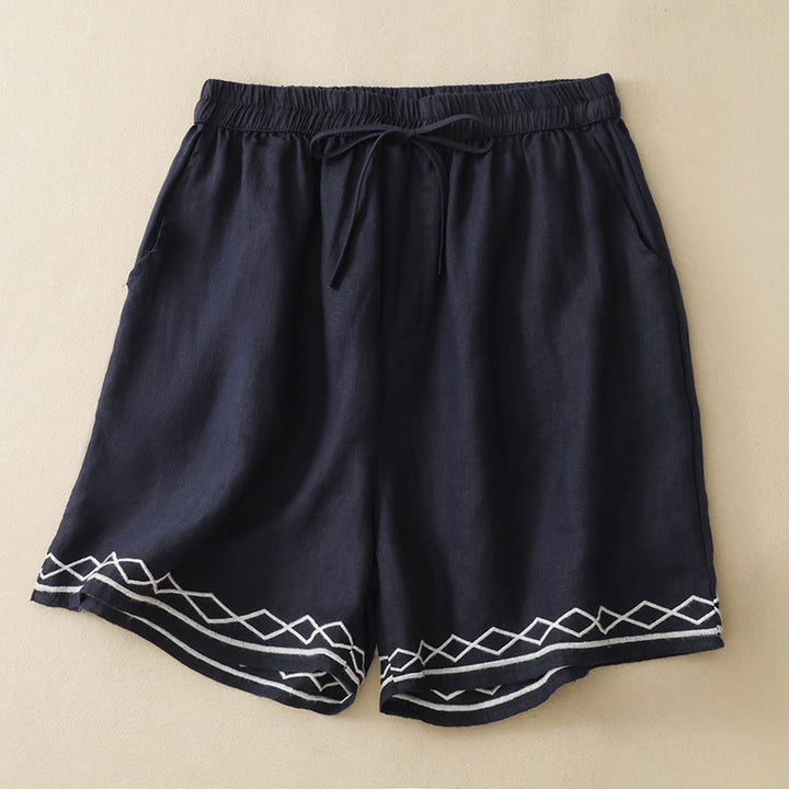 Buddha Stones Pantaloncini da donna estivi casual, minimalisti, con coulisse, ricami, linee ondulate e motivi geometrici, con tasche. - Marina - US8-10, UK/AU12-14, EU40-42 (2XL) - image 5