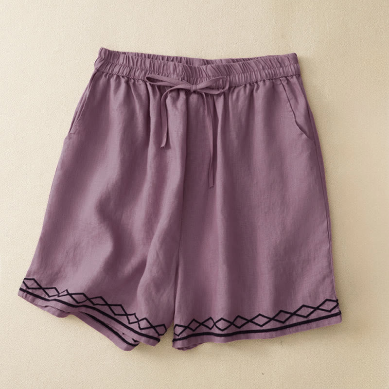 Buddha Stones Pantaloncini da donna estivi casual, minimalisti, con coulisse, ricami, linee ondulate e motivi geometrici, con tasche. - Rosso viola pallido - US8-10, UK/AU12-14, EU40-42 (2XL) - image 10