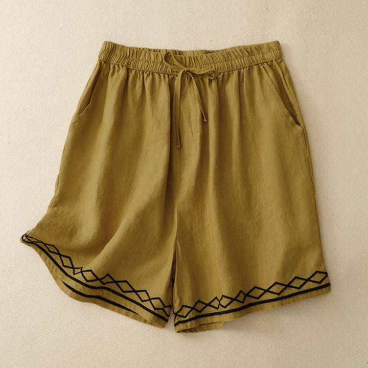 Buddha Stones Pantaloncini da donna estivi casual, minimalisti, con coulisse, ricami, linee ondulate e motivi geometrici, con tasche. - Verga d'oro - US8-10, UK/AU12-14, EU40-42 (2XL) - image 0