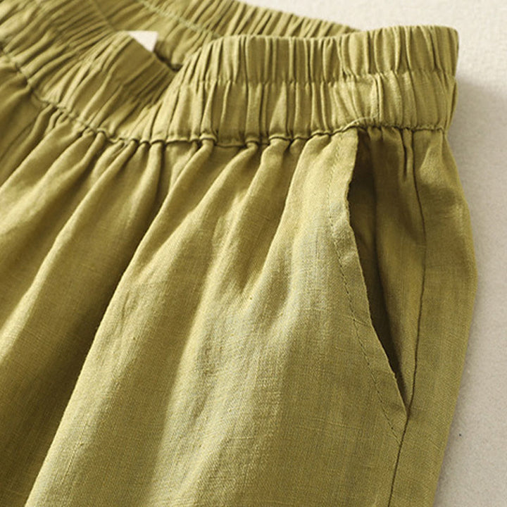 Buddha Stones Pantaloncini da donna estivi casual vintage a tinta unita con elastico in vita e orlo a balze, con tasche. - image 18