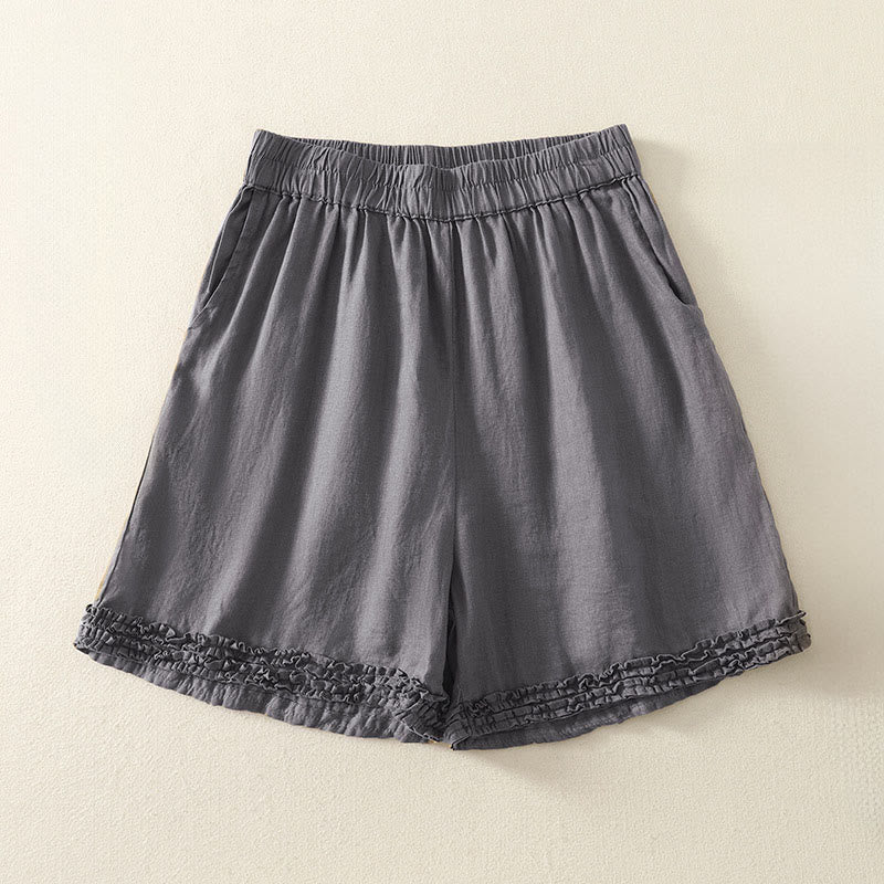 Buddha Stones Pantaloncini da donna estivi casual vintage a tinta unita con elastico in vita e orlo a balze, con tasche. - Grigio tenue - US8-10, UK/AU12-14, EU40-42 (2XL) - image 13