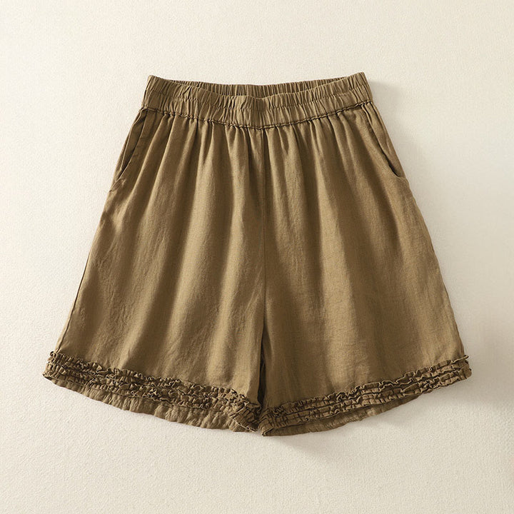 Buddha Stones Pantaloncini da donna estivi casual vintage a tinta unita con elastico in vita e orlo a balze, con tasche. - image 1