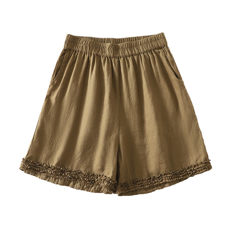 Buddha Stones Pantaloncini da donna estivi casual vintage a tinta unita con elastico in vita e orlo a balze, con tasche. - Tan - US8-10, UK/AU12-14, EU40-42 (2XL) - image 0