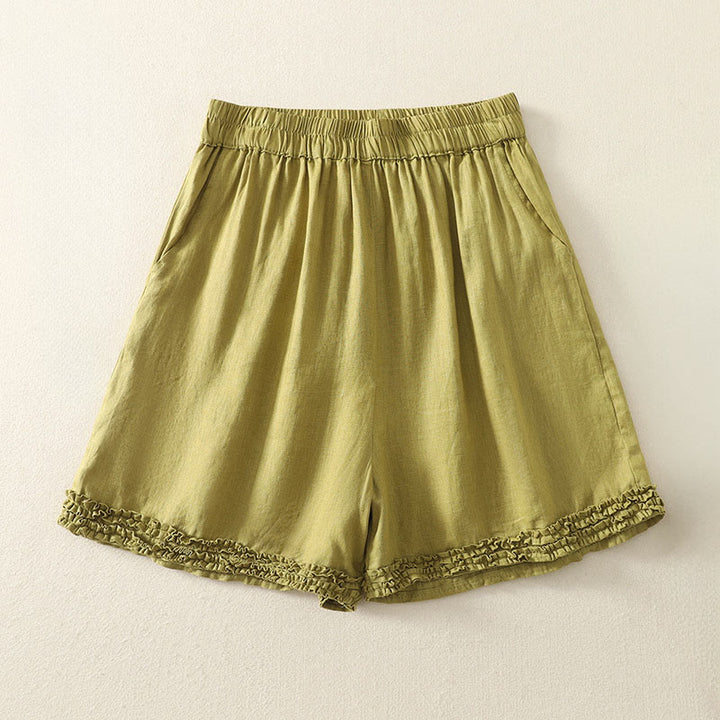 Buddha Stones Pantaloncini da donna estivi casual vintage a tinta unita con elastico in vita e orlo a balze, con tasche. - Cachi scuro - US8-10, UK/AU12-14, EU40-42 (2XL) - image 16
