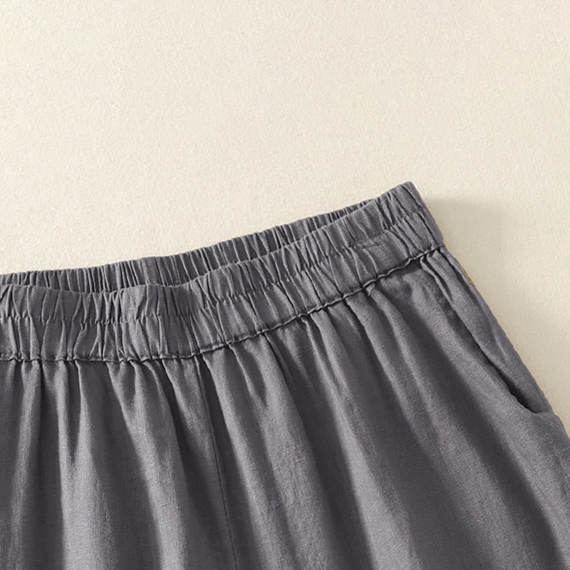 Buddha Stones Pantaloncini da donna estivi casual vintage a tinta unita con elastico in vita e orlo a balze, con tasche. - image 15